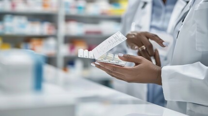 Leinwandbilder - A detailed close-up of a pharmacist��s hands preparing a prescription with pills and medical labels visible, set against a clean, organized pharmacy backdrop