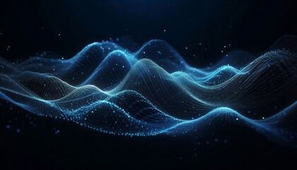 Poster - Futuristic blue digital waves of glowing particles on a dark background