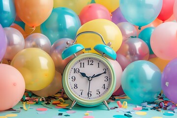 Retro Style Clock Surrounded by Colorful Balloons