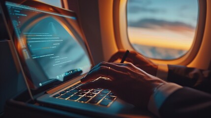 Poster - A businessman works on his laptop while flying in an airplane. He is coding on his computer as the sun sets.