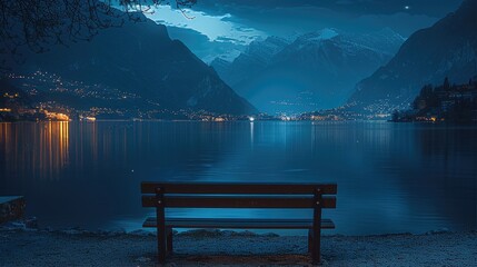 Poster - An empty bench in front of a lake, with mountains surrounding it, a dark blue sky, and night time setting.