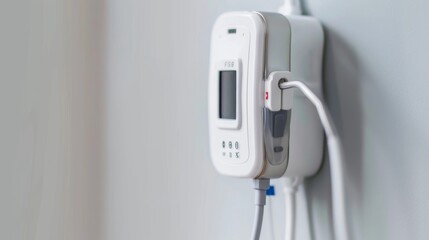 Poster - A detailed close-up of an insulin pump attached to a patient against a neutral background, macro shot, Minimalist style
