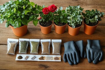 Poster - Garden preparation with herbs, seeds, and gardening tools on a wooden table in natural light