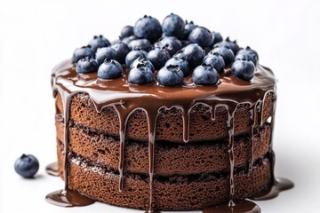 Wall Mural - Delicious chocolate cake topped with fresh blueberries and chocolate ganache on white background