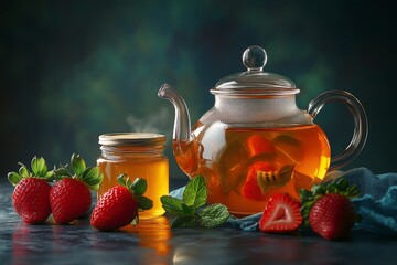 Canvas Print - Freshly brewed tea with strawberries and mint in a glass teapot on a dark table