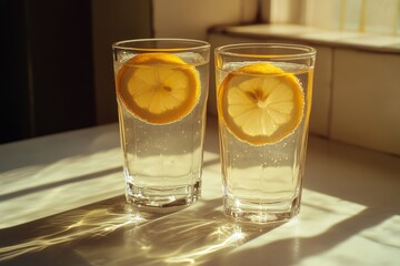 Canvas Print - Refreshing glasses of lemon water placed on a table with sunlight casting soft shadows