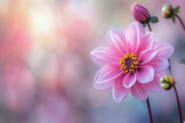 Poster - Beautiful pink dahlia flower blooming in a soft pastel background during springtime