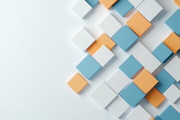 Poster - An abstract arrangement of white, blue, and orange cubes forms a geometric pattern on a pale background, symbolizing order and complexity through artful design.