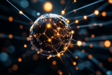 Poster - A dynamic network sphere displays glowing nodes and interconnected lines, symbolizing connectivity and communication in a visually striking digital abstraction.