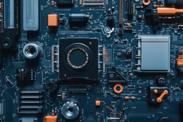 Poster - Detailed close-up of an electronic circuit board, showcasing intricate design and technological advancement, illustrating complexity and the heart of modern devices.
