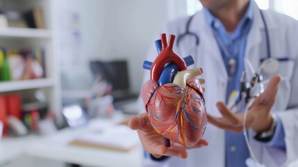 Leinwandbilder - A detailed image of a cardiologist examining a heart model with focus on the model��s details and diagnostic tools, set against a bright, modern cardiology office background
