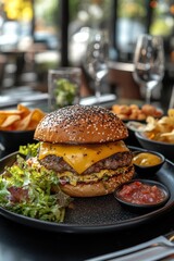 Sticker - Delicious cheeseburger served with fresh salad and sides at a cozy restaurant during dinner time