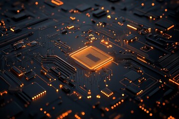 Poster - An illuminated microchip sits at the center of a complex circuit board, representing advanced technology and the intricate world of modern electronics and computing.