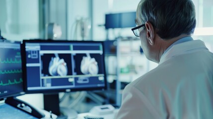 Aufkleber - A detailed image of a cardiologist reviewing an echocardiogram with focus on the heart��s details and diagnostic screen, set against a bright, modern cardiology office background
