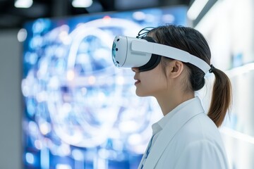 Poster - A young woman in a lab coat explores virtual reality technology while standing in a futuristic setting with a bright background, showcasing innovation and curiosity.