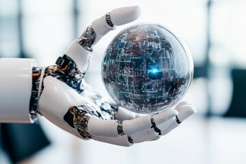 A close-up of a robotic hand holding a futuristic digital globe, symbolizing advanced technology and global connectivity with a blurred background.