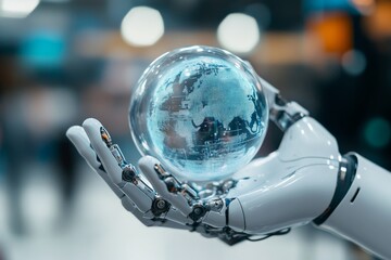 Poster - A robotic hand holds a transparent digital globe with specific focus on its intricate patterns, embodying modern innovation and technological sophistication.