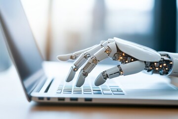 Poster - A robotic hand is shown interacting with a laptop keyboard, portraying the synergy between modern robotics and daily digital tasks, focusing on precision.