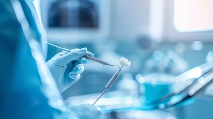 Leinwandbilder - A detailed image of a dentist performing a routine check-up with focus on the dental tools and patient��s teeth, set against a clean, modern dental clinic background