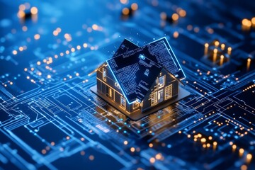 Poster - A digital visualization of a futuristic smart home embedded in circuit board imagery, representing the synergy between technology, innovation, and modern living concepts.