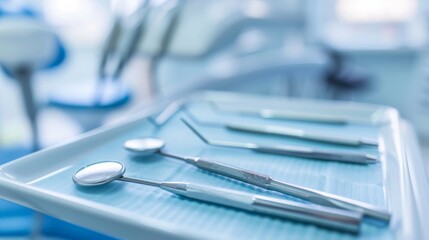 Poster - A detailed image of a dentist performing a routine check-up with focus on the dental tools and patient��s teeth, set against a clean, modern dental clinic background