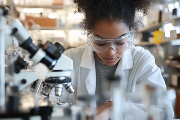 Poster - A dedicated scientist intensely studies samples using a microscope in a modern lab, wearing protective eyewear, demonstrating concentration and scientific inquiry.