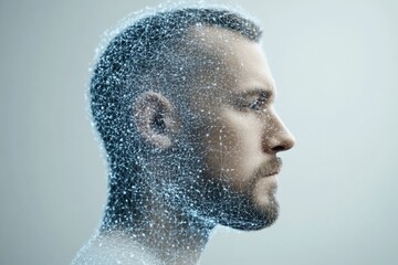 Poster - A digital mesh-style head profile depicting futuristic concepts, showcasing a high-tech design with intricate connections emphasizing modern digital aesthetics.