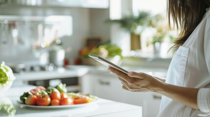 Poster - A detailed image of a dietitian preparing a nutritional plan with focus on healthy food items and a digital tablet, set against a bright, modern office environment
