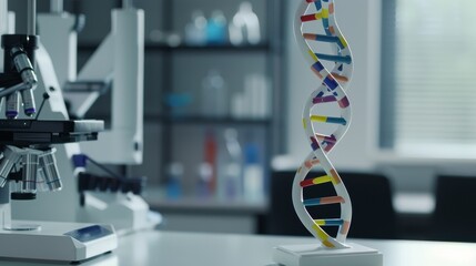Poster - A detailed image of a DNA helix model with vibrant colors, set in a modern research lab with advanced equipment in the background, medium shot