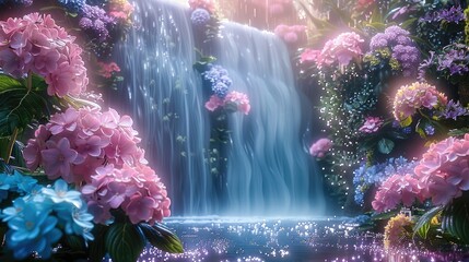 Poster - A whimsical garden with pastel color pink, lilac and sky blue flowers, lush greenery, and sparkling waterfalls in the background. soft pastel colors.