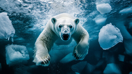 Wall Mural - polar bear swimming underwater in dark blue arctic waters, surrounded by melting ice floes, showcasi
