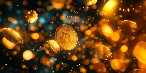 Poster - A stunning visual shows a cascade of digital gold coins against intricate binary code, symbolizing the growth of cryptocurrency and the accumulation of digital wealth in todays economy