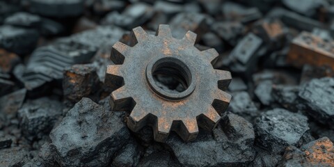 Rusty Metal Gear on Coal Pile   Industrial Machinery Part Closeup