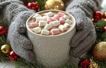 Warm cups of cocoa with marshmallows amidst Christmas decorations on a festive table