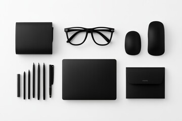 Poster - Black laptop, a black pen, a black mouse, and a black wallet are on a white background