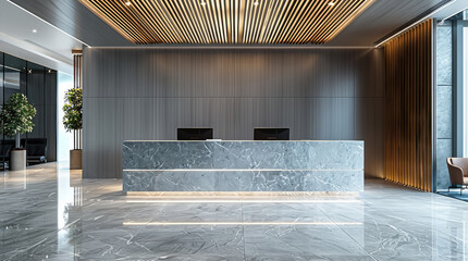 Poster - Office entrance with marble reception desk. wood fins behind desk. grey marble floor. baffle ceiling. grey walls.