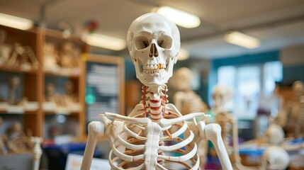 Wall Mural - A detailed image of a human skeleton model with highlighted joints, set in a brightly lit anatomy lab with educational posters, medium shot