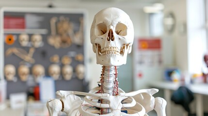 Wall Mural - A detailed image of a human skeleton model with highlighted joints, set in a brightly lit anatomy lab with educational posters, medium shot