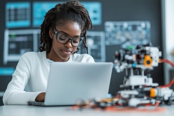 Poster - A focused young woman with glasses works on a laptop, surrounded by robotic components, highlighting a fusion of technology and creativity.