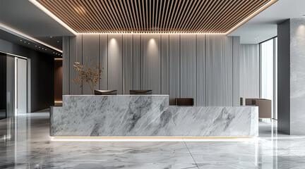 Poster - Office entrance with marble reception desk. wood fins behind desk. grey marble floor. baffle ceiling. grey walls.