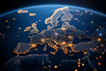 Poster - A digital map of Europe glows with connectivity at night, representing technological advancement and the interconnectedness of modern society.