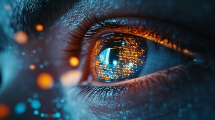 Poster - This image features a striking closeup of a human eye set against a vibrant green tech background, representing the crucial themes of cybersecurity and the everevolving digital age we live in