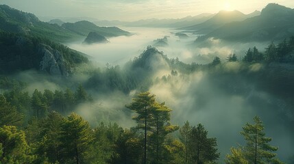 Wall Mural - In the early morning, mountain, mist.