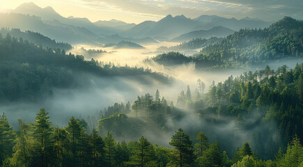 Wall Mural - In the early morning, mountain, mist.