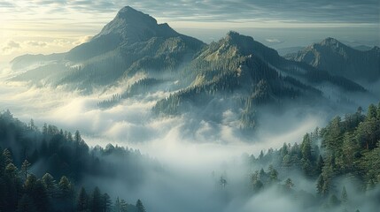 Wall Mural - In the early morning, mountain, mist.