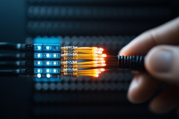 Poster - A close-up of fiber optic cables showcases the transfer of data through glowing light, symbolizing modern communication and technology's fast-paced evolution.