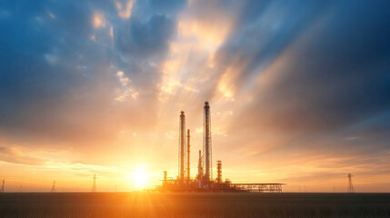 Industrial oil refinery plant silhouetted against a vibrant sunset sky, highlighting energy production and its environmental impact