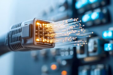 Poster - This image features a detailed close-up of illuminated optical fibers, emphasizing the intricate network of modern technology and digital connectivity.