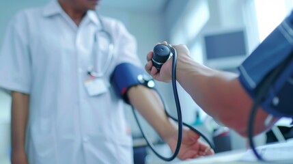 Wall Mural - A detailed image of a nurse taking a patient��s blood pressure with focus on the blood pressure cuff and patient��s arm, set against a bright, modern clinic background