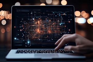 Poster - A hand hovers over a laptop screen showing intricate digital circuits and glowing lines, symbolizing the intersection of technology and human interaction.